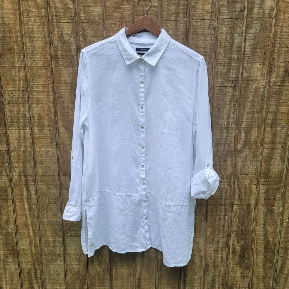 Tahari White 100% Linen Tunic Button Up With Roll Tab Sleeves Womens Size XL